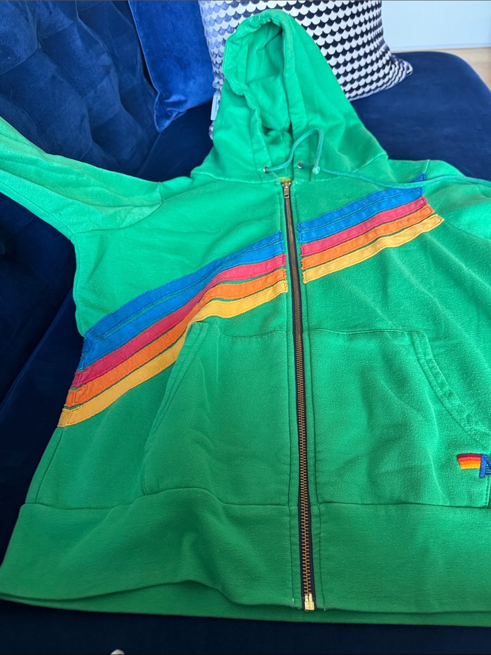 Aviator Nation Green Zip Hoodie with Rainbow Chest Stripes